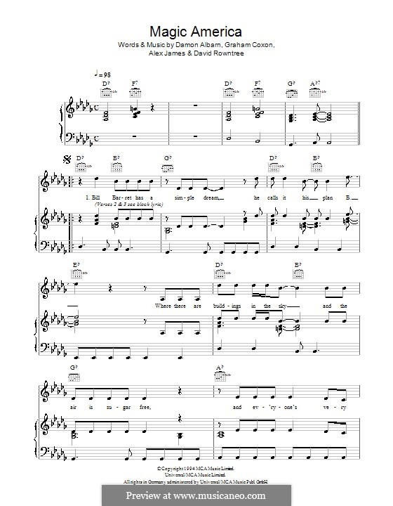 Magic America (Blur): For voice and piano (or guitar) by Alex James, Damon Albarn, David Rowntree, Graham Coxon