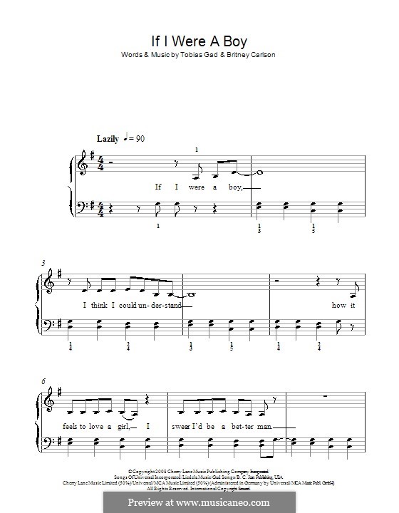 If I Were a Boy (Beyonce): For easy piano by Britney Carlson, Tobias Gad