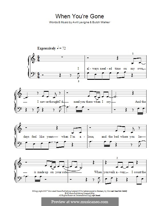When You're Gone: For easy piano by Avril Lavigne, Butch Walker