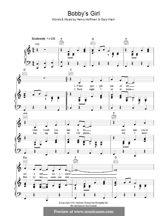 Bobby's Girl (Marcie Blane): For voice and piano (or guitar) by Gary Klein, Henry Hoffman