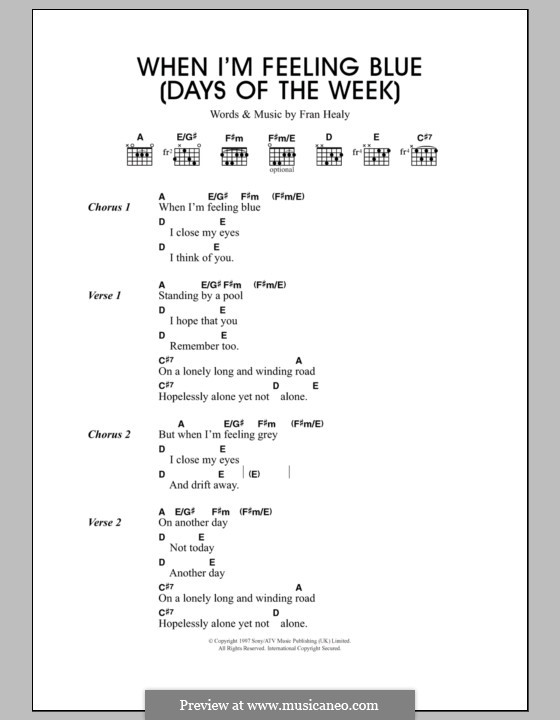 When I'm Feeling Blue (Seven Days of the Week): Lyrics and chords (Travis) by Fran Healy