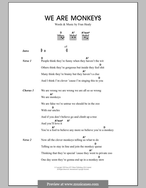 We Are Monkeys (Travis): Lyrics and chords by Fran Healy