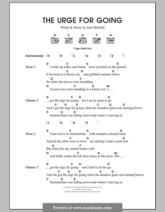 Urge for Going (Travis): Lyrics and chords by Joni Mitchell