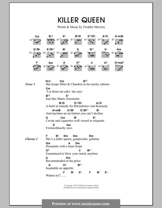 Killer Queen (Queen): Lyrics and chords by Freddie Mercury