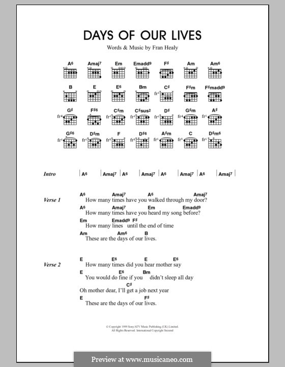 Days of Our Lives (Travis): Lyrics and chords by Fran Healy