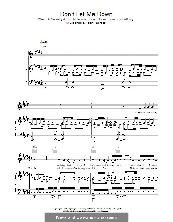 Don't Let Me Down: For voice and piano (or guitar) by James Fauntleroy II, Justin Timberlake, Leona Lewis, Michael Elizondo, Robin Tadross