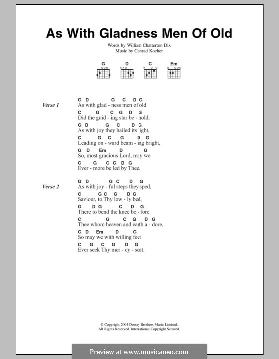 As with Gladness Men of Old: Lyrics and chords by Conrad Kocher