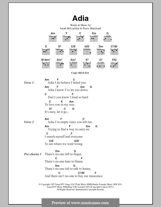 Adia: Lyrics and chords by Pierre Marchand, Sarah McLachlan