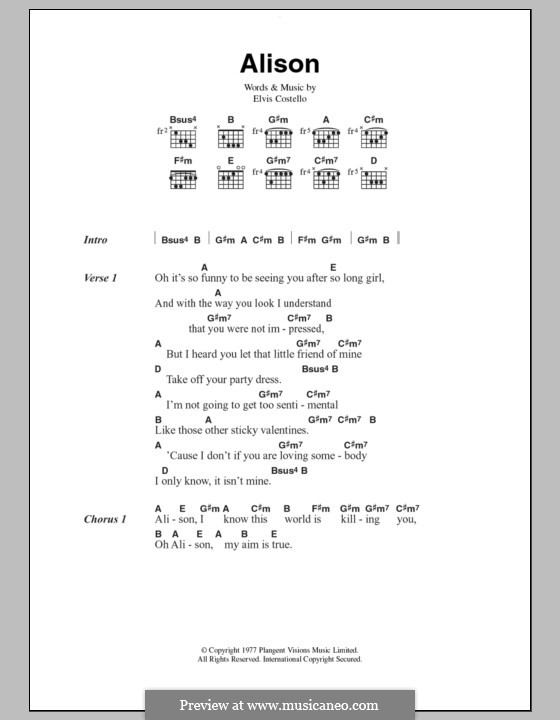 Alison: Lyrics and chords by Elvis Costello