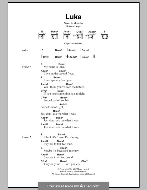 Luka: Lyrics and chords by Suzanne Vega