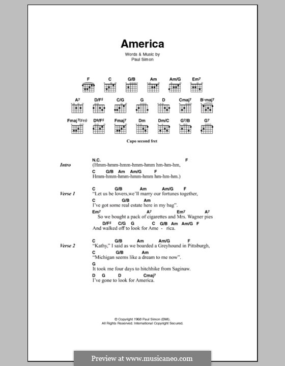 America (Simon & Garfunkel): Lyrics and chords by Paul Simon