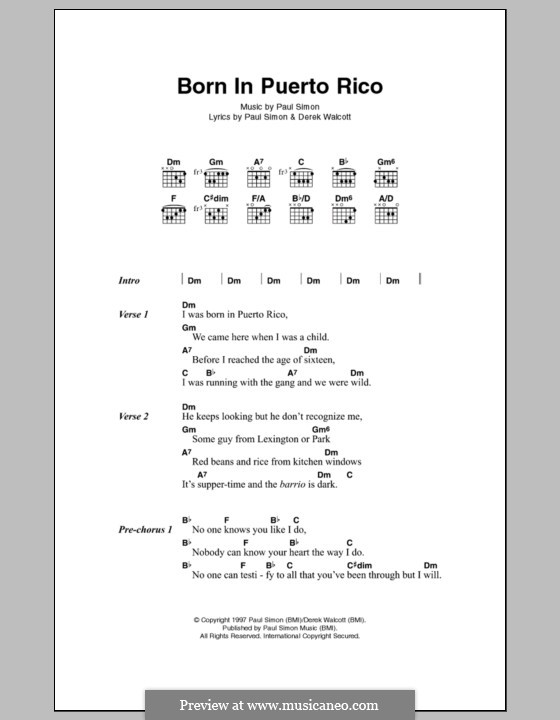 Born in Puerto Rico: Lyrics and chords by Paul Simon