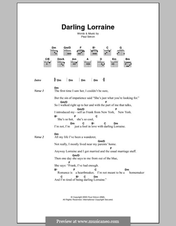 Darling Lorraine: Lyrics and chords by Paul Simon