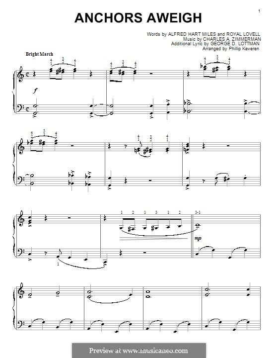 Anchors Aweigh (Alfred Hart Miles): For piano by Charles A. Zimmermann, George D. Lottman, Royal Lovell