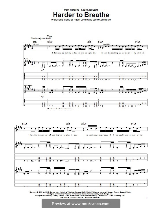 Harder to Breathe (Maroon 5): For guitar with tab by Adam Levine, James Valentine, Jesse Carmichael, Mickey Madden, Ryan Dusick