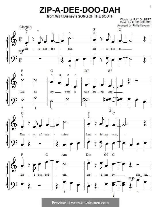 Zip-A-Dee-Doo-Dah: For piano (very easy version) by Allie Wrubel