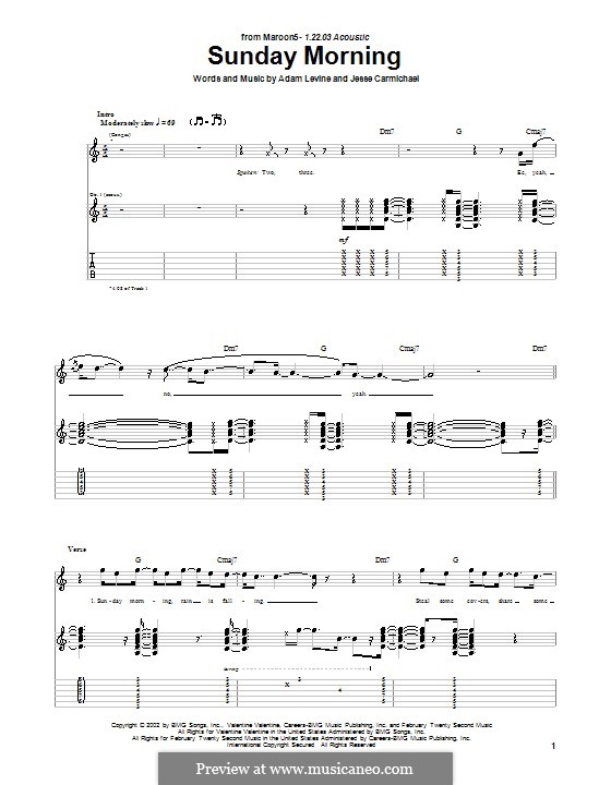Sunday Morning (Maroon 5): For guitar with tab by Adam Levine, Jesse Carmichael