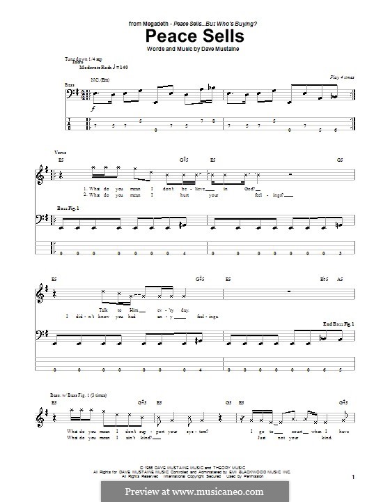 Peace Sells (Megadeth): For bass guitar with tab by Dave Mustaine