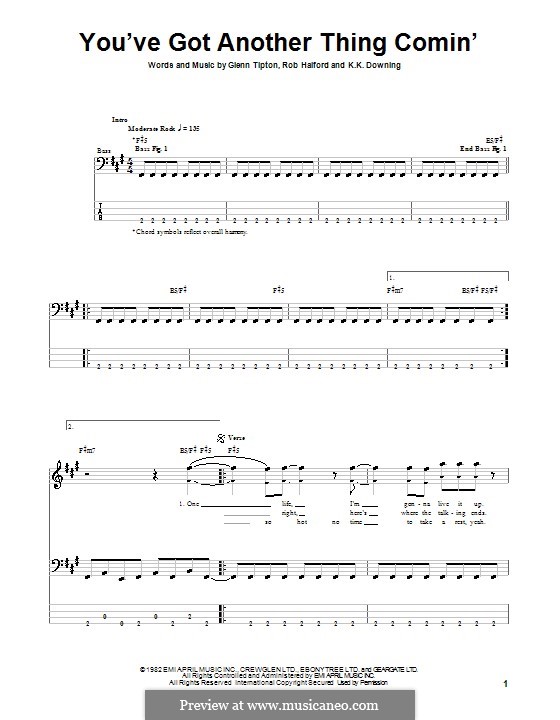 You've Got Another Thing Comin' (Judas Priest): For bass guitar with tab by Glenn Tipton, K. K. Downing, Robert Halford