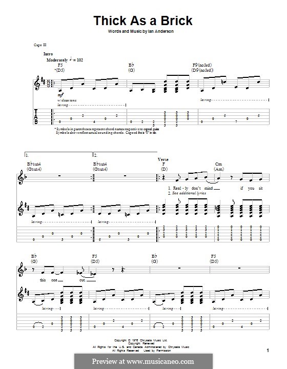 Thick as a Brick (Jethro Tull): For guitar with tab by Ian Anderson