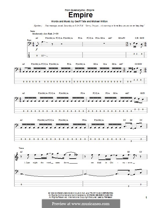 Empire (Queensryche): For bass guitar with tab by Geoff Tate, Michael Wilton