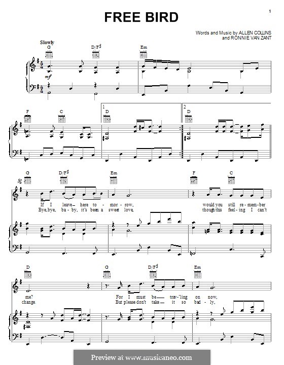 Free Bird (Lynyrd Skynyrd): For voice and piano (or guitar) by Allen Collins, Ronnie Van Zant