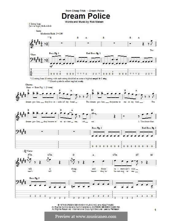 Dream Police (Cheap Trick): For bass guitar with tab by Rick Nielsen