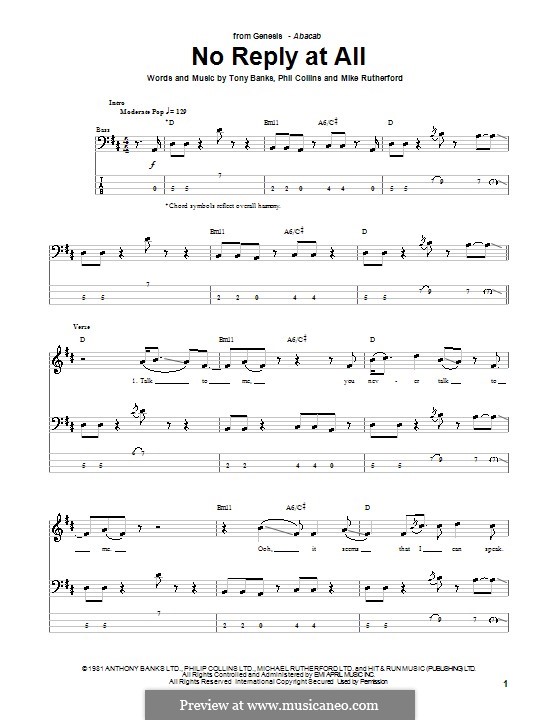 No Reply At All (Genesis): For bass guitar with tab by Tony Banks, Mike Rutherford, Phil Collins