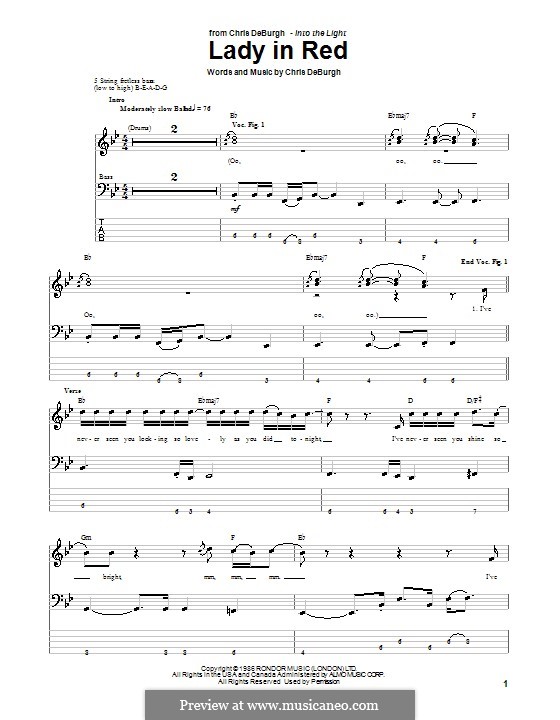 The Lady in Red: For bass guitar with tablature by Chris de Burgh