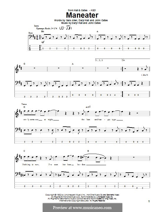 Maneater (Hall & Oates): For bass guitar with tab by Daryl Hall, John Oates, Sara Allen