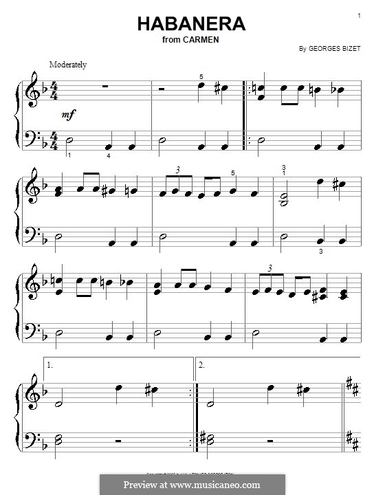 Habanera (Printable Scores): For piano (very easy version) by Georges Bizet