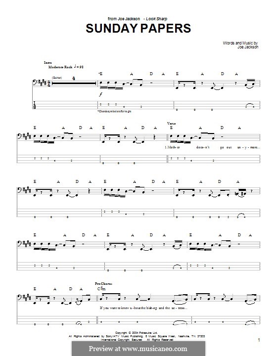 Sunday Papers: For bass guitar with tab by Joe Jackson
