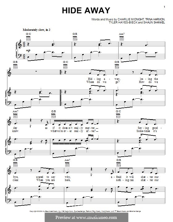 Hide Away (Hilary Duff): For voice and piano (or guitar) by Charlie Midnight, Shaun Shankel, Trina Harmon, Tyler Hayes-Bieck