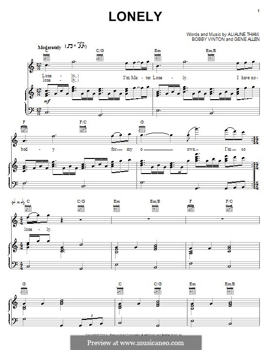 Lonely (Akon): For voice and piano (or guitar) by Aliaune Thiam, Bobby Vinton, Gene Allan, Gene Allen