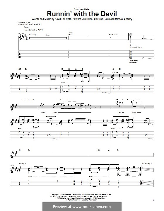 Runnin' with the Devil (Van Halen): For guitar with tab by Alex Van Halen, David Lee Roth, Edward Van Halen, Michael Anthony