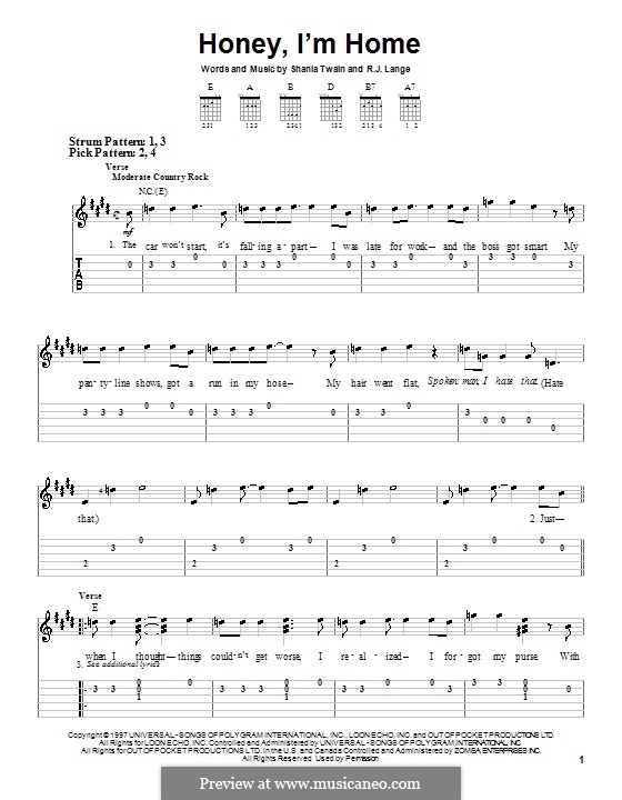 Honey, I'm Home: For guitar (very easy version) by Robert John Lange, Shania Twain