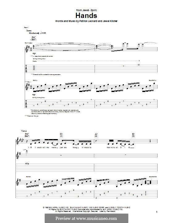 Hands (Jewel): For guitar with tab by Jewel Kilcher, Patrick Leonard