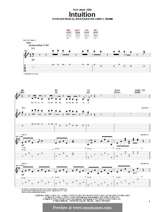 Intuition (Jewel): For guitar with tab by Jewel Kilcher, Lester A. Mendez