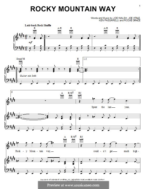 Rocky Mountain Way: For voice and piano (or guitar) by Joe Vitale, Joe Walsh, Ken Passarelli, Rocke Grace