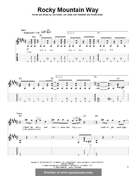 Rocky Mountain Way: For guitar by Joe Vitale, Joe Walsh, Ken Passarelli, Rocke Grace