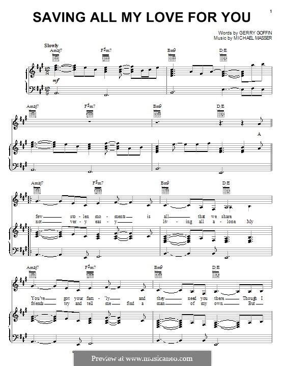 Saving All My Love for You (Whitney Houston): For voice and piano (or guitar) by Gerry Goffin, Michael Masser