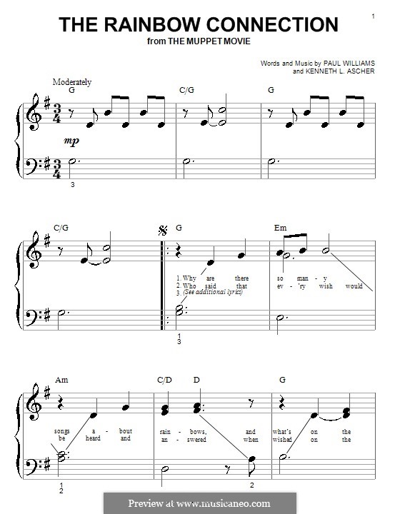 The Rainbow Connection (Kermit the Frog): For piano (very easy version) by Paul H. Williams, Kenneth L. Ascher