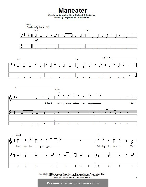 Maneater (Hall & Oates): For bass guitar with tab by Daryl Hall, John Oates, Sara Allen