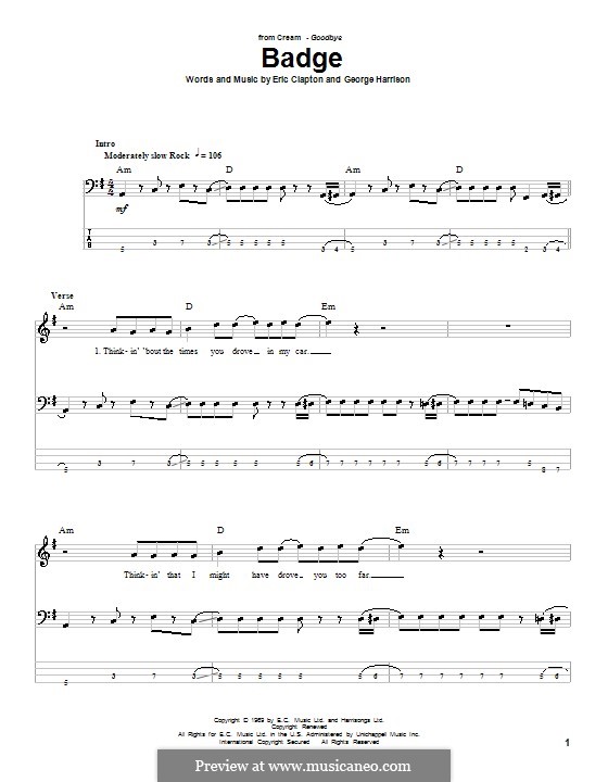 Badge (Cream) by E. Clapton, G. Harrison sheet music on MusicaNeo