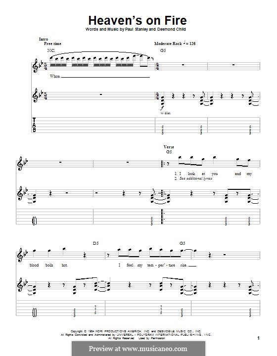 Heaven's on Fire (KISS): For guitar with tab by Desmond Child, Paul Stanley