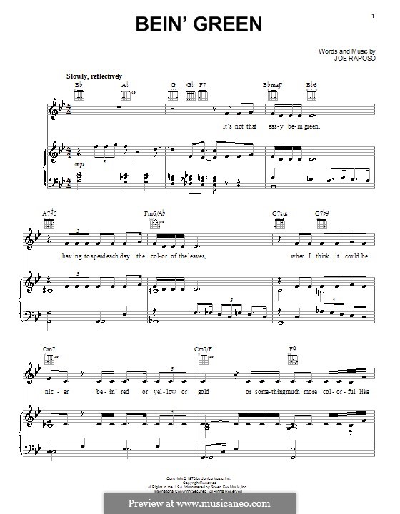 Bein' Green (Kermit the Frog) by J. Raposo - sheet music on MusicaNeo