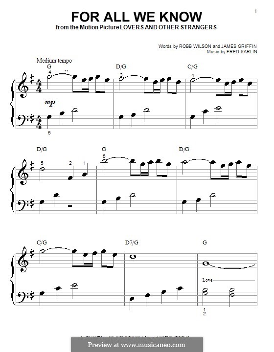 For All We Know (Carpenters): For piano (very easy version) by Fred Karlin, Jimmy Griffin, Robert Wilson