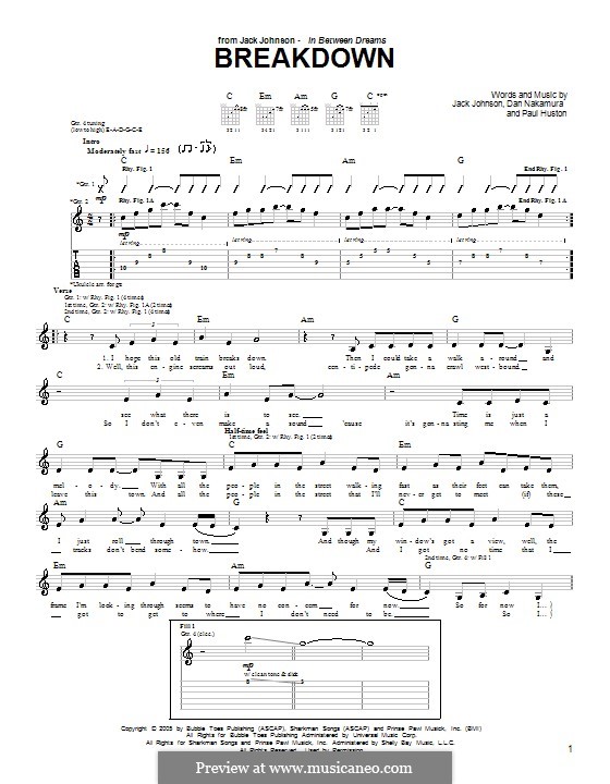 Breakdown (Jack Johnson): For guitar with tab by Daniel Nakamura, Paul Huston