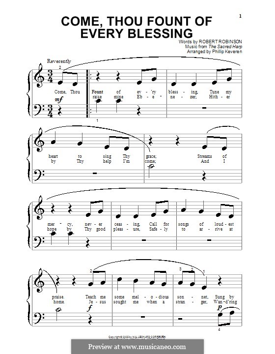 Come, Thou Fount of Every Blessing: For piano (very easy version) by John Wyeth