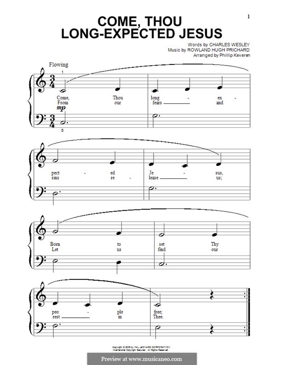 Come, Thou Long-Expected Jesus: For piano (very easy version) by Rowland Huw Prichard